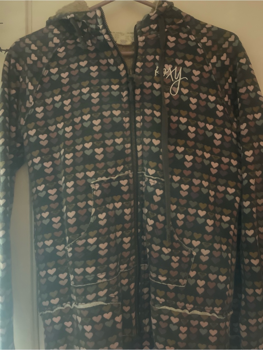 Roxy Navy Hooded Puffer Jacket with Pastel Heart Print